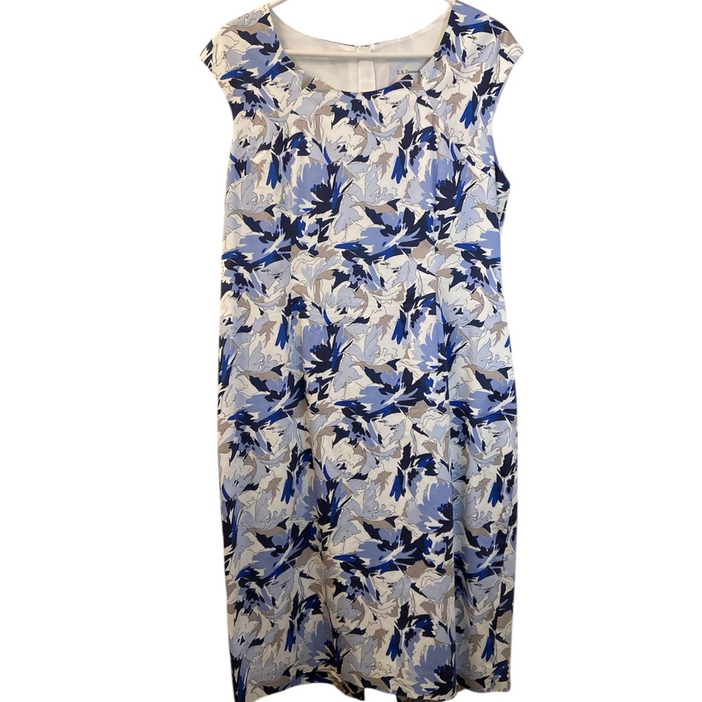 L. K. Bennett Dress Sleeveless Blues White Gray Lined Kick Pleat Zipper WM SZ 12